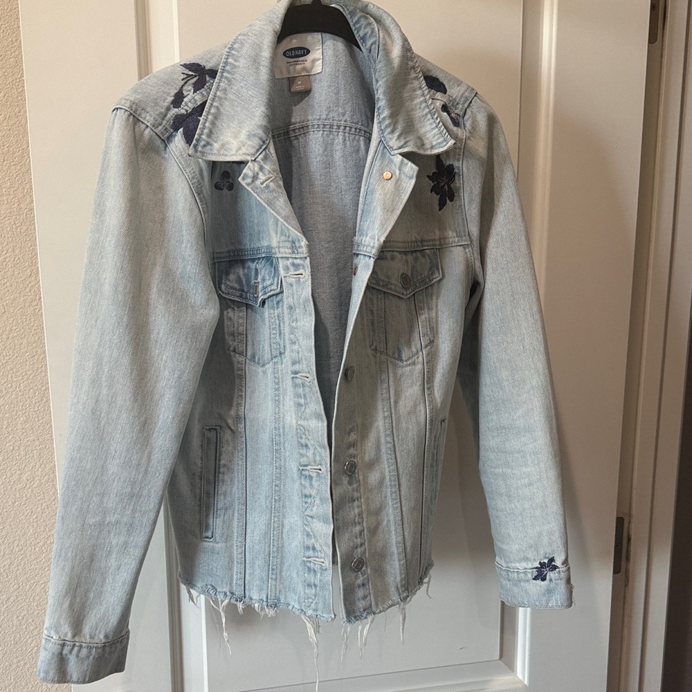 Old Navy Light Wash Denim Jacket with Navy Floral Embroidery